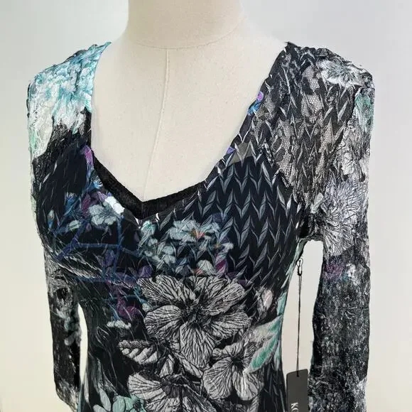 Komarov Sheer Pleated Long Sleeve Tiered Dress Watercolor Floral Green Black